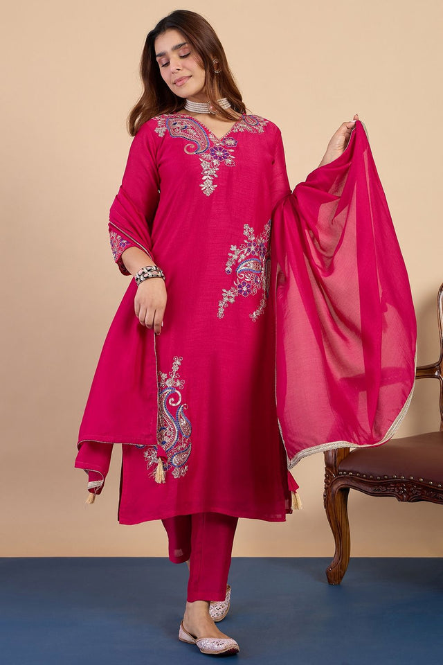 Pink Embroidered Silk Blend Straight Cut Suits (ACA7766)