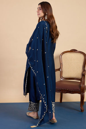 Turquoise Embroidered Silk Blend Straight Cut Suits (ACA7767)
