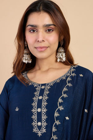 Turquoise Embroidered Silk Blend Straight Cut Suits (ACA7767)