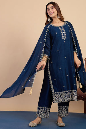 Turquoise Embroidered Silk Blend Straight Cut Suits (ACA7767)