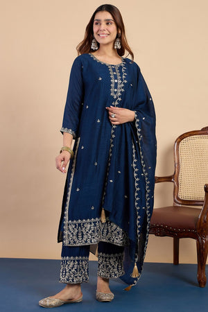 Turquoise Embroidered Silk Blend Straight Cut Suits (ACA7767)