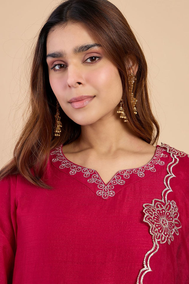 Pink Floral Embroidered Silk Blend Straight Cut Suits (ACA7768)