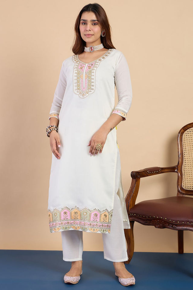 Off White Sequin With Embroidered Silk Blend Straight Cut Suits (ACA7769)