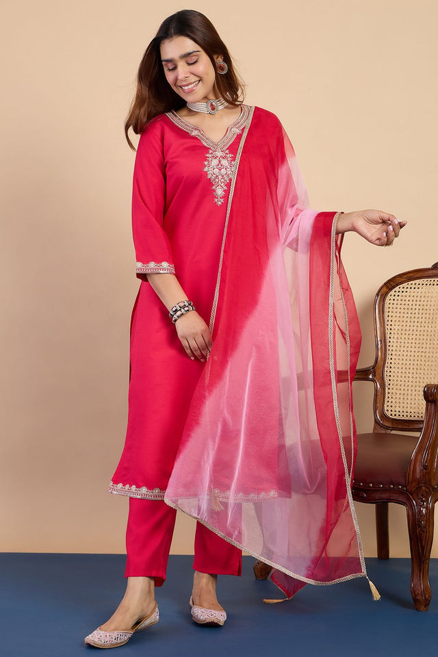 Pink Embroidered Silk Blend Straight Cut Suits (ACA7770)