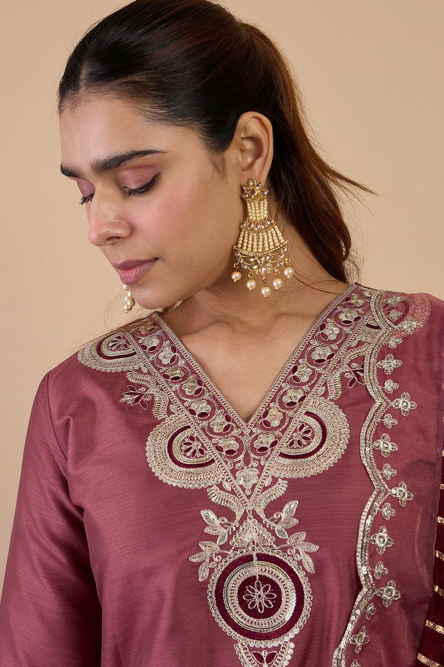Brown Floral Embroidered Silk Blend Straight Cut Suits (ACA7771)