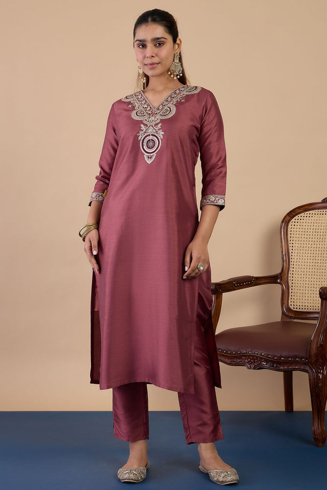 Brown Floral Embroidered Silk Blend Straight Cut Suits (ACA7771)