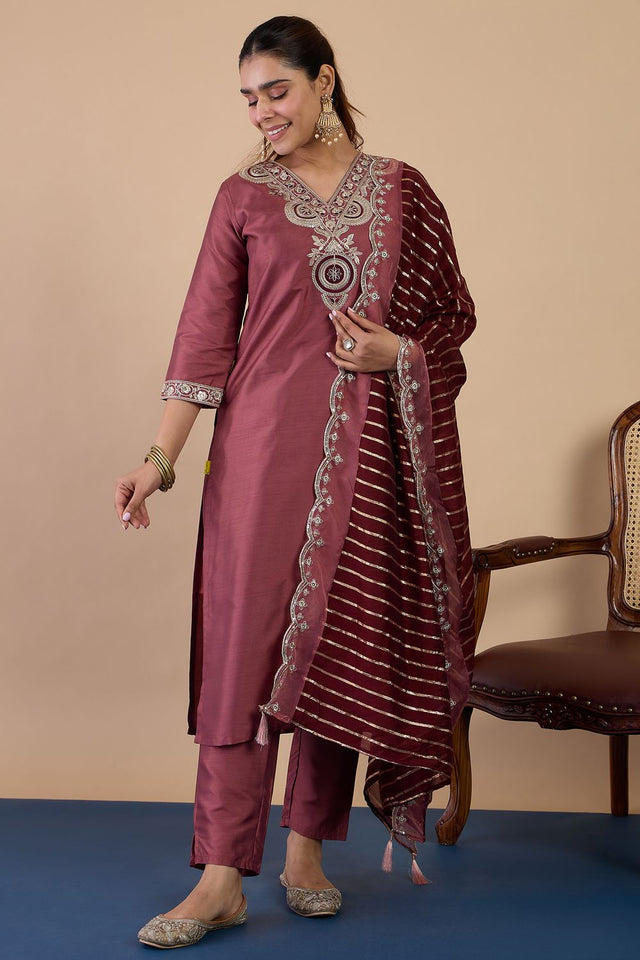 Brown Floral Embroidered Silk Blend Straight Cut Suits (ACA7771)