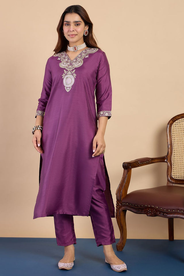 Violet Embroidered Silk Blend Straight Cut Suits (ACA7772)