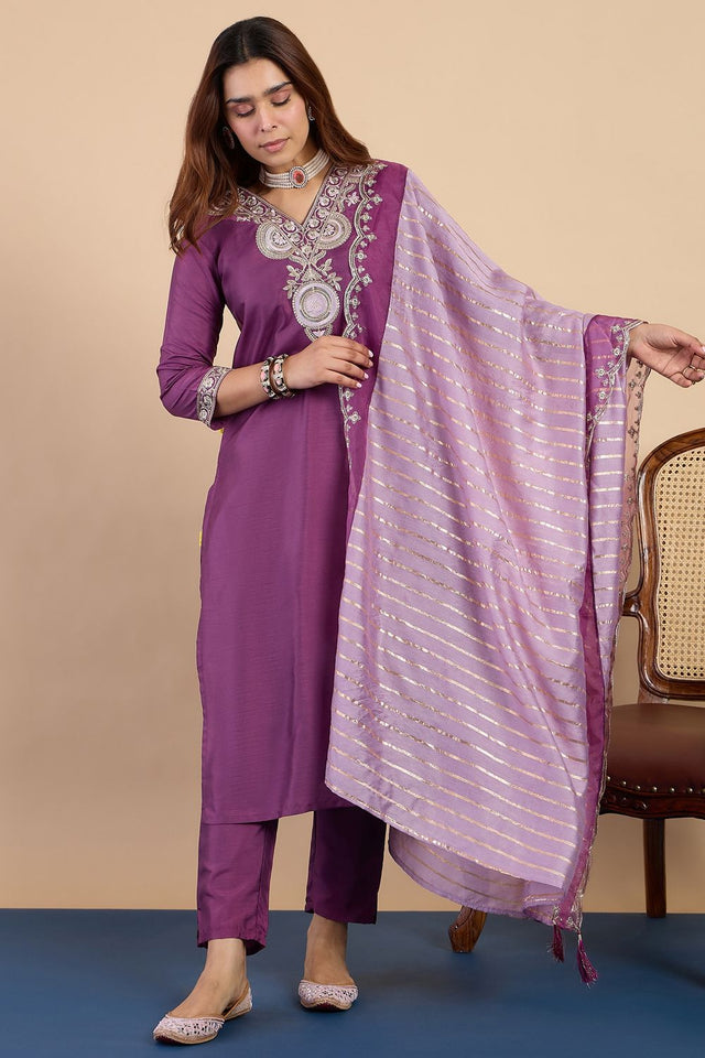 Violet Embroidered Silk Blend Straight Cut Suits (ACA7772)