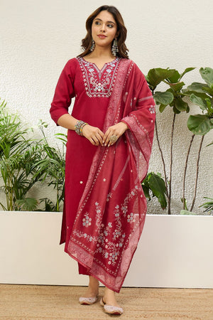 Red Embroidered Silk Straight Cut Suits (ACA7773)
