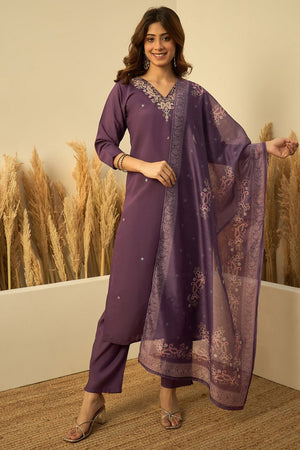 Lavender Embroidered Silk Straight Cut Suits (ACA7774)
