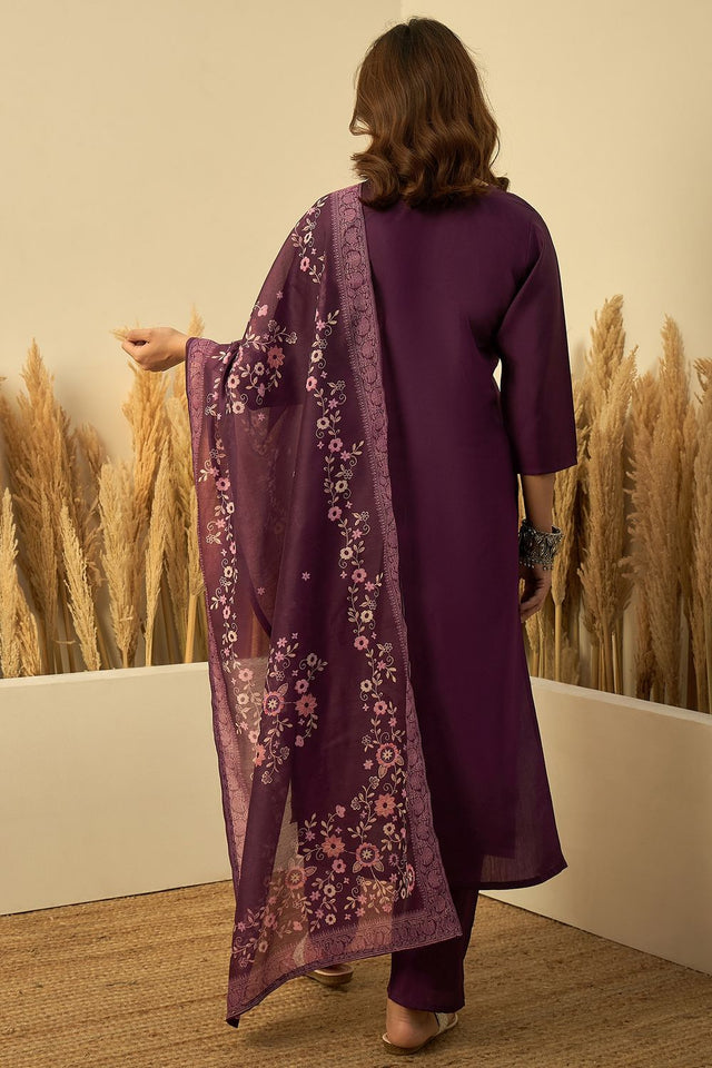 Violet Embroidered Silk Straight Cut Suits (ACA7775)