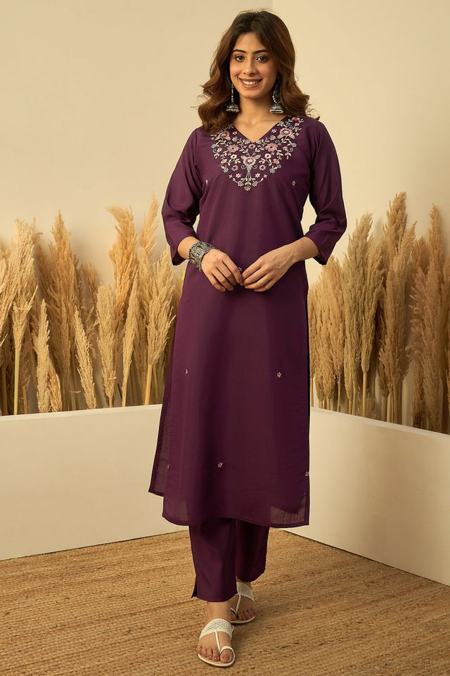 Violet Embroidered Silk Straight Cut Suits (ACA7775)