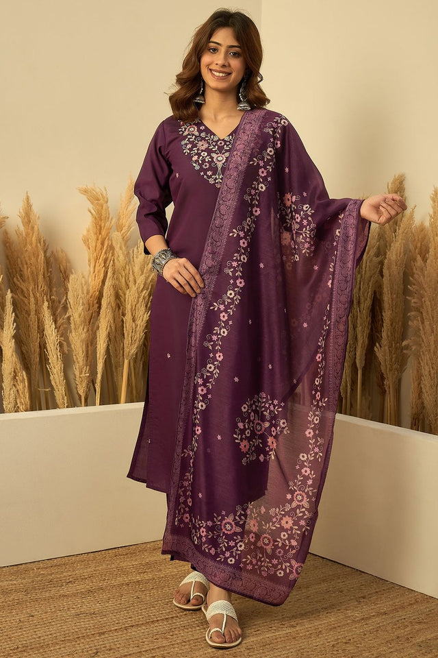 Violet Embroidered Silk Straight Cut Suits (ACA7775)
