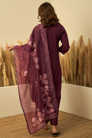 Wine Embroidered Silk Straight Cut Suits (ACA7776)