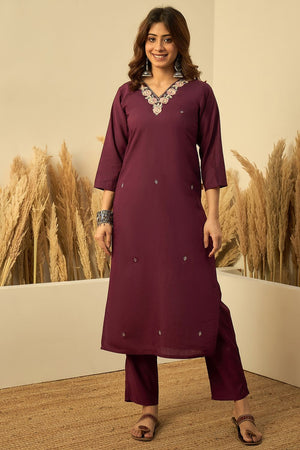 Wine Embroidered Silk Straight Cut Suits (ACA7776)