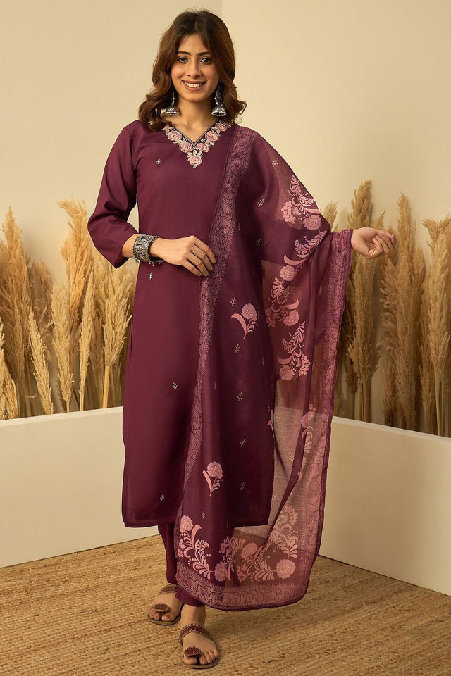 Wine Embroidered Silk Straight Cut Suits (ACA7776)