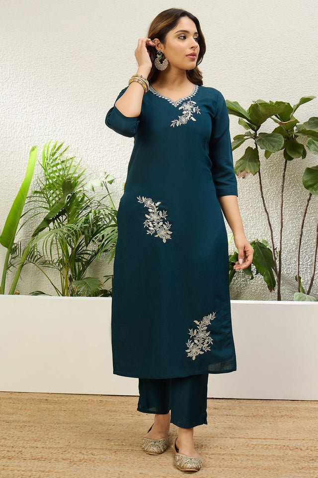Blue Embroidered Silk Straight Cut Suits (ACA7777)