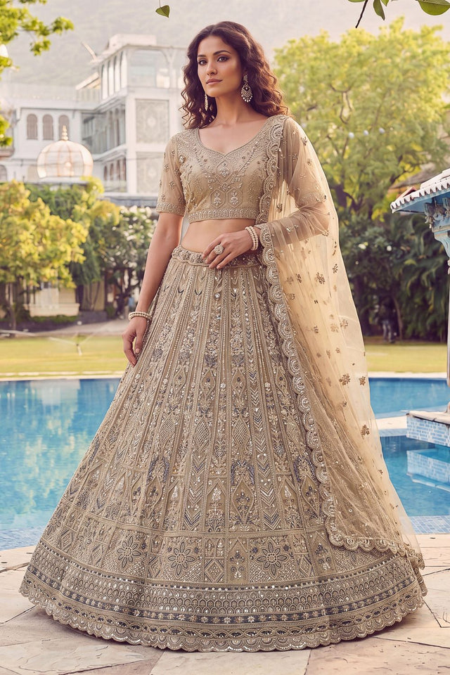 Beige Sequin with Embroidered Net Lehenga (ACA7780)