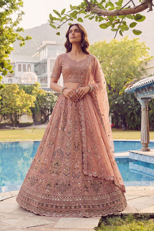 Peach Sequin with Embroidered Net Lehenga (ACA7781)
