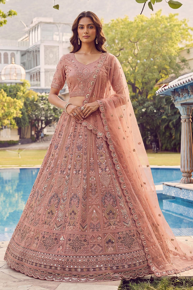 Peach Sequin with Embroidered Net Lehenga (ACA7781)