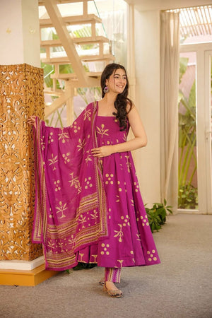 Pink Floral Printed Muslin Kurti Pant Set (ACA7784)