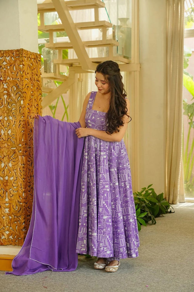 Lavender Floral Printed Muslin Kurti Pant Set (ACA7786)