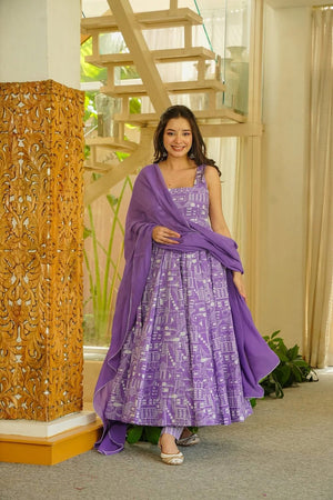 Lavender Floral Printed Muslin Kurti Pant Set (ACA7786)