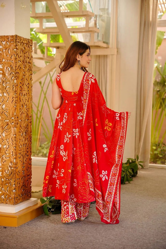 Red Floral Printed Muslin Kurti Pant Set (ACA7787)