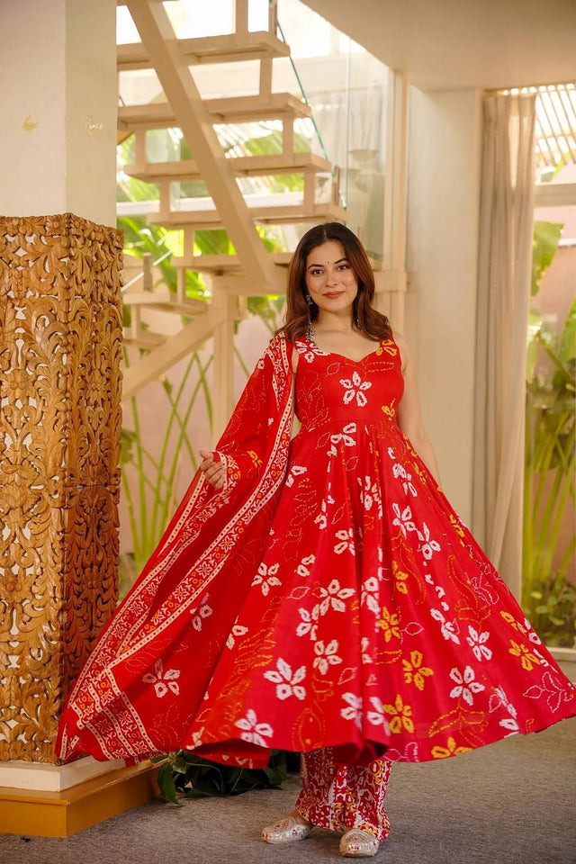 Red Floral Printed Muslin Kurti Pant Set (ACA7787)