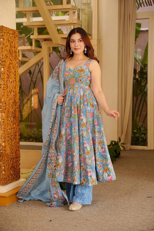 Grey Floral Printed Muslin Kurti Pant Set (ACA7788)