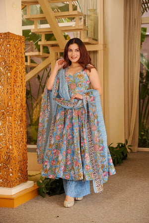Grey Floral Printed Muslin Kurti Pant Set (ACA7788)