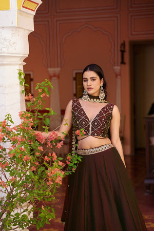 Brown Embroidered Silk Lehenga (ACA7789)