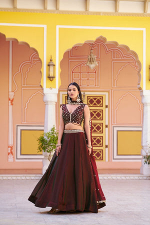 Brown Embroidered Silk Lehenga (ACA7789)