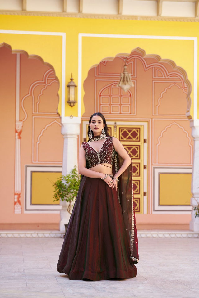 Brown Embroidered Silk Lehenga (ACA7789)