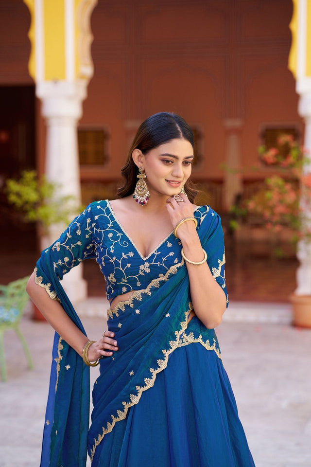 Turquoise Embroidered Silk Lehenga (ACA7790)