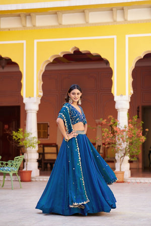 Turquoise Embroidered Silk Lehenga (ACA7790)