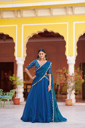 Turquoise Embroidered Silk Lehenga (ACA7790)