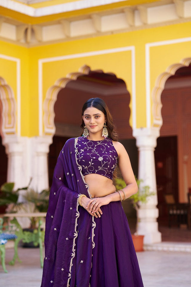 Purple Embroidered Silk Lehenga (ACA7791)