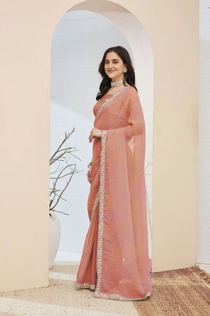 Peach Solid With Embroidered Border Silk Blend Ready to Wear Saree (ACA7802)