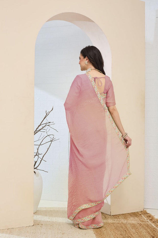Pink Solid With Embroidered Border Silk Blend Ready to Wear Saree (ACA7804)
