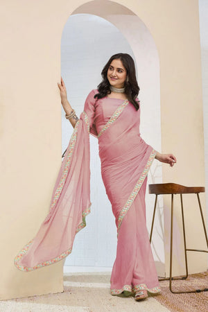 Pink Solid With Embroidered Border Silk Blend Ready to Wear Saree (ACA7804)