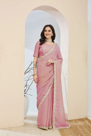 Pink Solid With Embroidered Border Silk Blend Ready to Wear Saree (ACA7804)