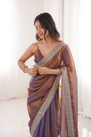 Lavender Solid With Embroidered Border Satin Saree (ACA7828)