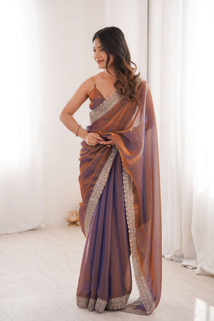 Lavender Solid With Embroidered Border Satin Saree (ACA7828)