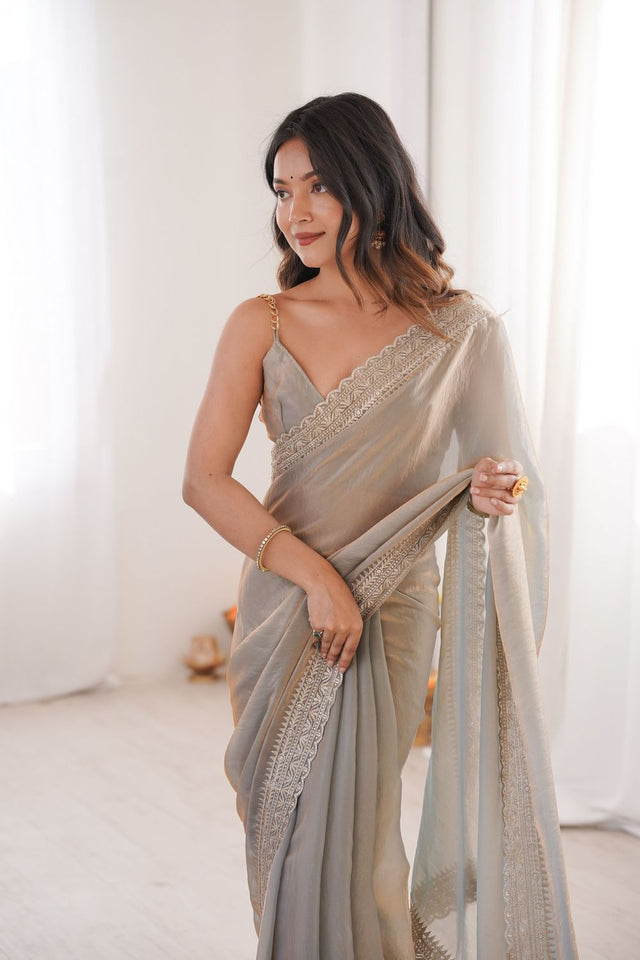 Grey Solid With Embroidered Border Satin Saree (ACA7829)