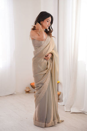 Grey Solid With Embroidered Border Satin Saree (ACA7829)
