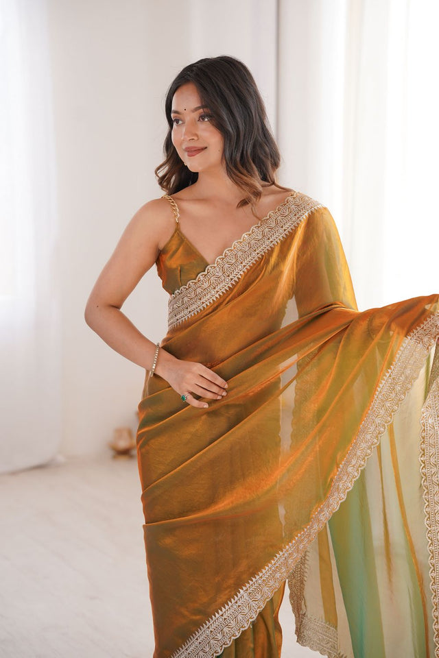 Orange Solid With Embroidered Border Satin Saree (ACA7830)