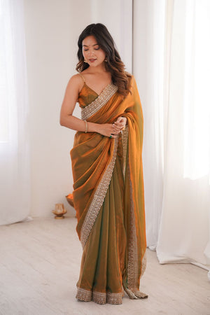 Orange Solid With Embroidered Border Satin Saree (ACA7830)