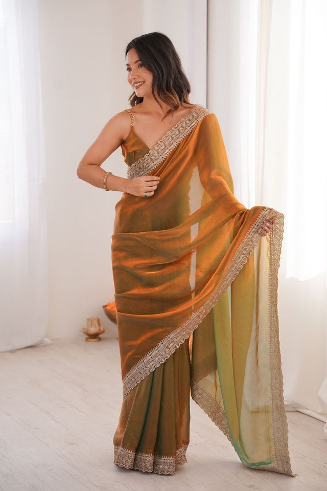 Orange Solid With Embroidered Border Satin Saree (ACA7830)